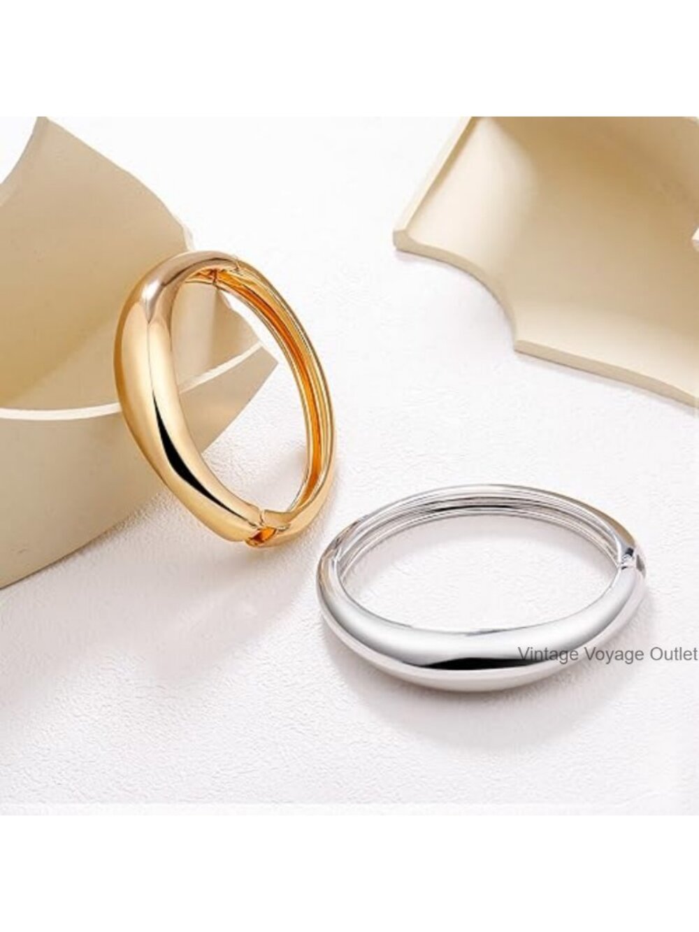 Gold Plated Cuff Bangle Bracelet Hinged Open Wide Chunky Minimalist Jewelry - Picture 4 of 6